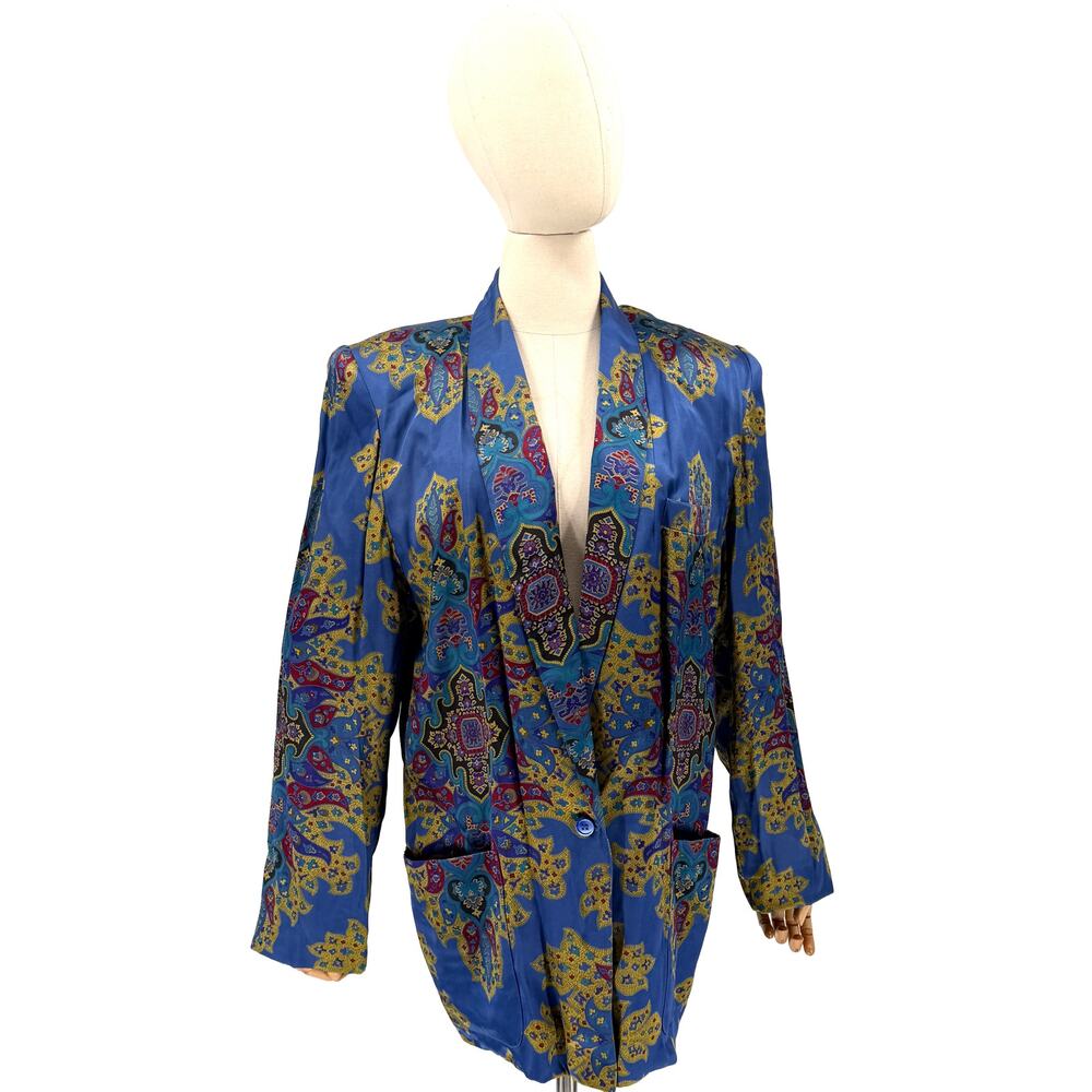 Vintage 80s Liz Claiborne Blue Purple Satin Smoking Jacket Blazer